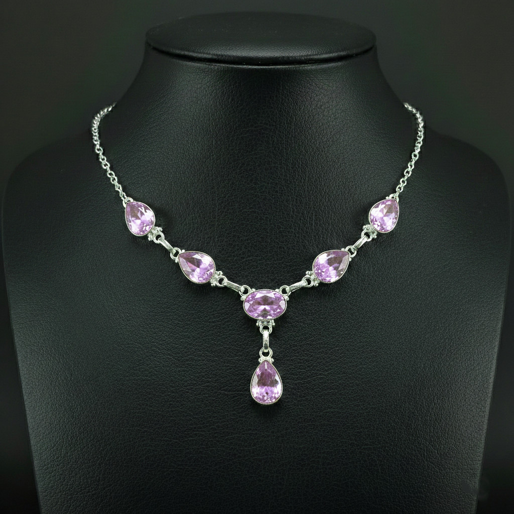 Pink Kunzite Gemstone 925 Sterling Silver handmade Gift Necklace 18″