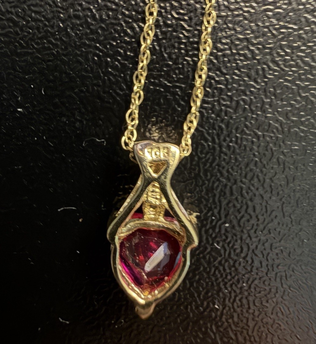 10k Gold Red Crystal Heart Pendant 9.5” Dainty Chain Necklace