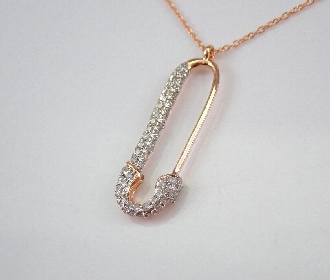 1.10Ct Round Cut Diamond SAFETY PIN Pendant 14K Yellow Gold Plated 18″
