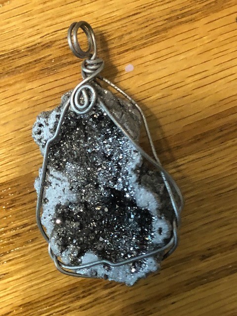 Titanium Raw Geode Silver Druzy Wrapped In Wire Pendant 2 1/4″ x 1 1/2″