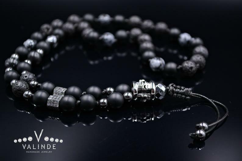 Mens Skull Necklace Cubic Zirconia Obsidian Lava Onyx Hematite Necklace – 70cm