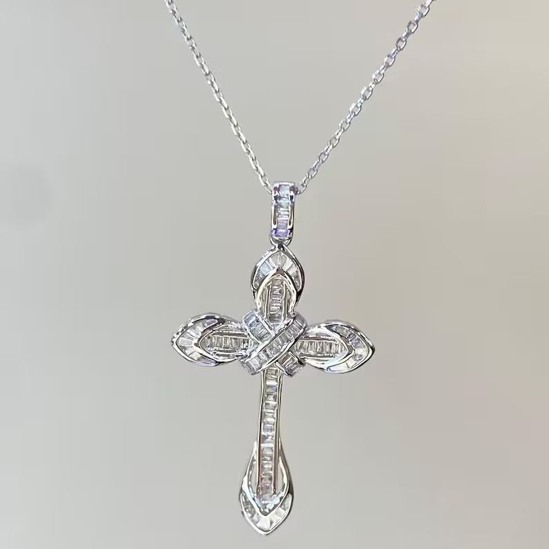 3.00 Ctw Baguette Cut Moissanite Cross Pendant Necklace 14K White Gold Plated