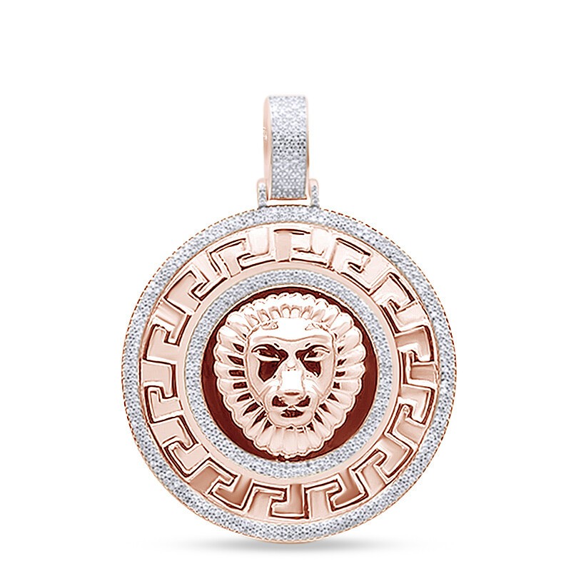 Natural Diamond Micro Mens Lion Circle Medallion Pendant 0.75 CT In Sterling
