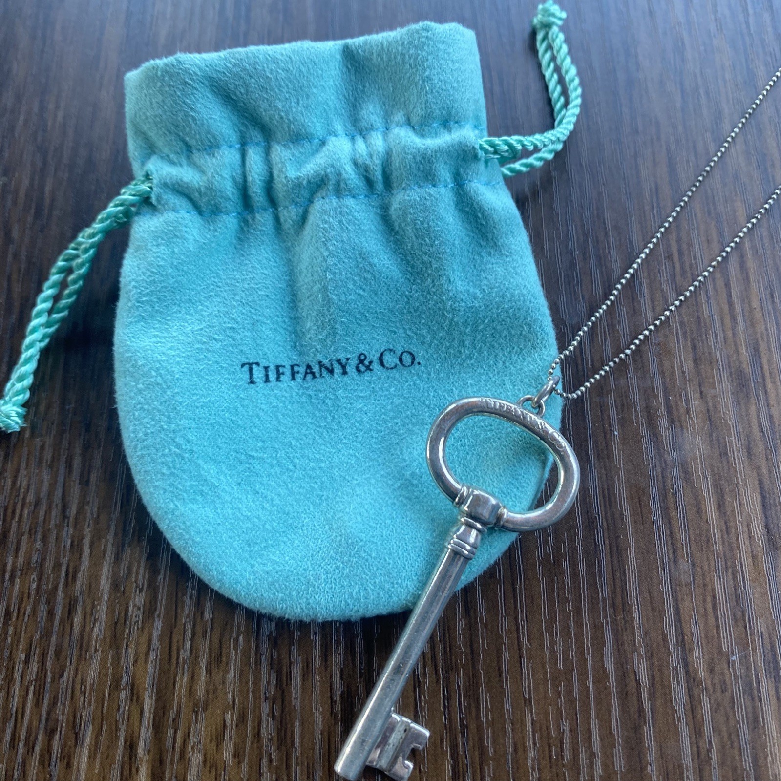 Tiffany & Co. Sterling Silver Large 2.5” Oval Key on 36” Beaded Chain