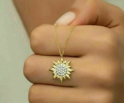 1Ct Round Cut Real Moissanite Womens Sun Pendant 14k Yellow Gold Plated
