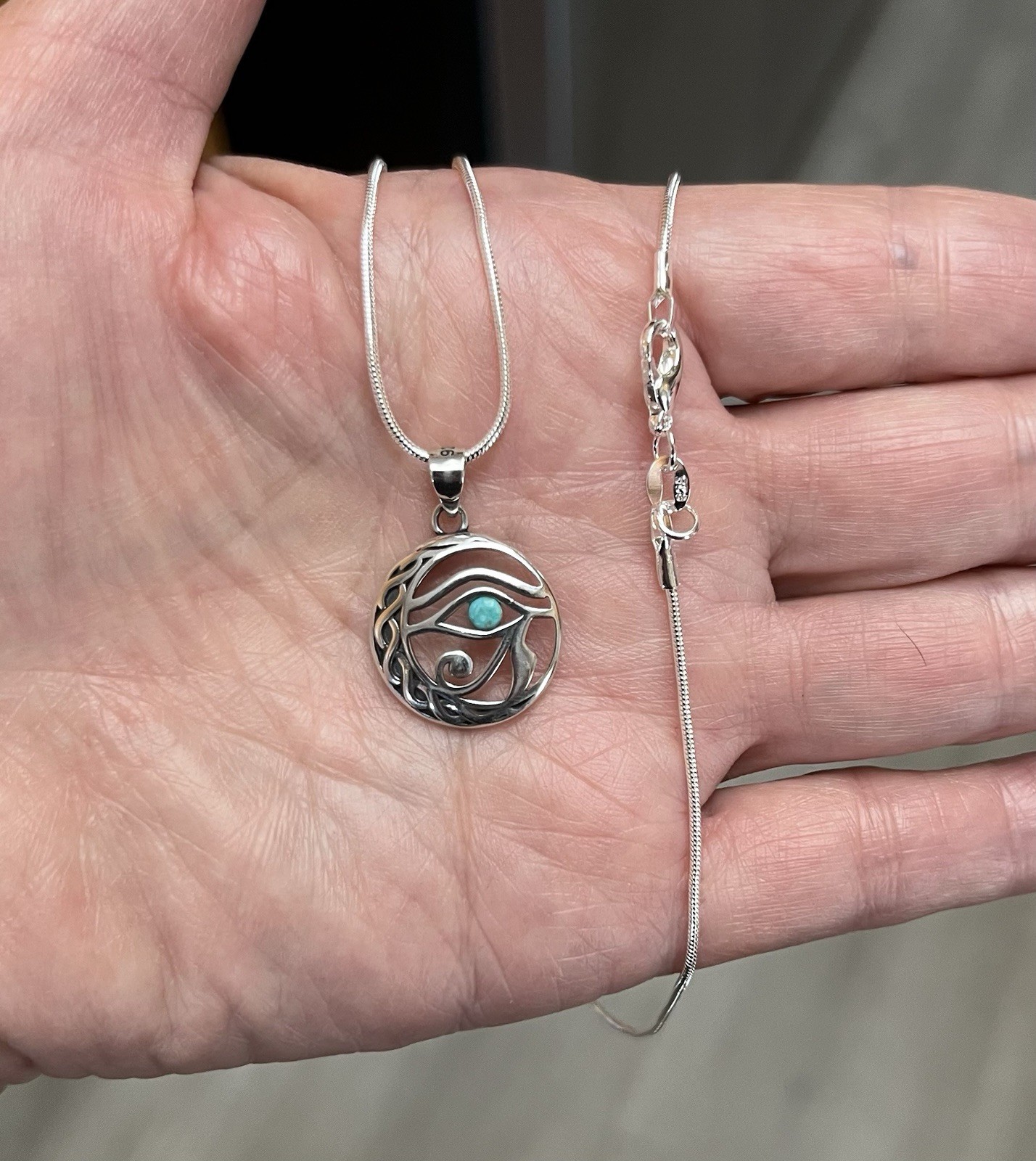 Sterling Silver Eye Of Horus Genuine Turquoise Pendant Necklace 18”Unique 🩵🌹
