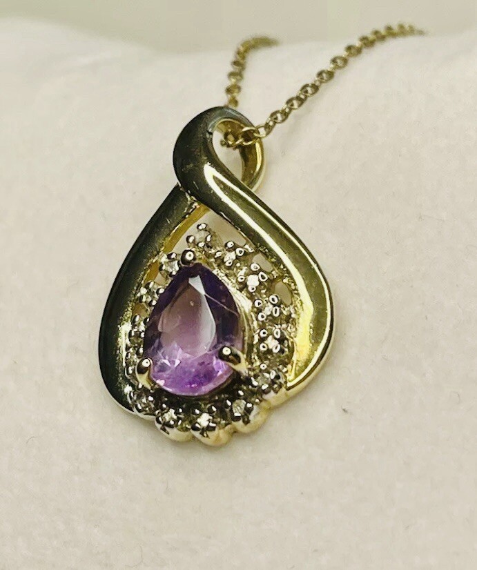 Amethyst & Diamond Pendant Necklace 0.75ct in Gold Plated 925 Sterling Silver