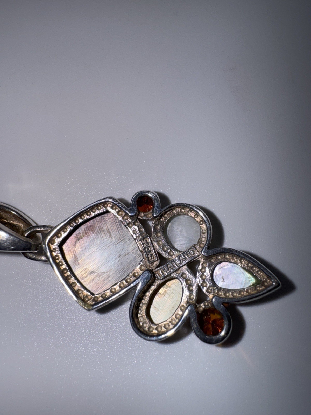 Sterling Silver Multi Gemstone Pendant MOP Cat’s Eye Quartz Garnet Thailand Boho