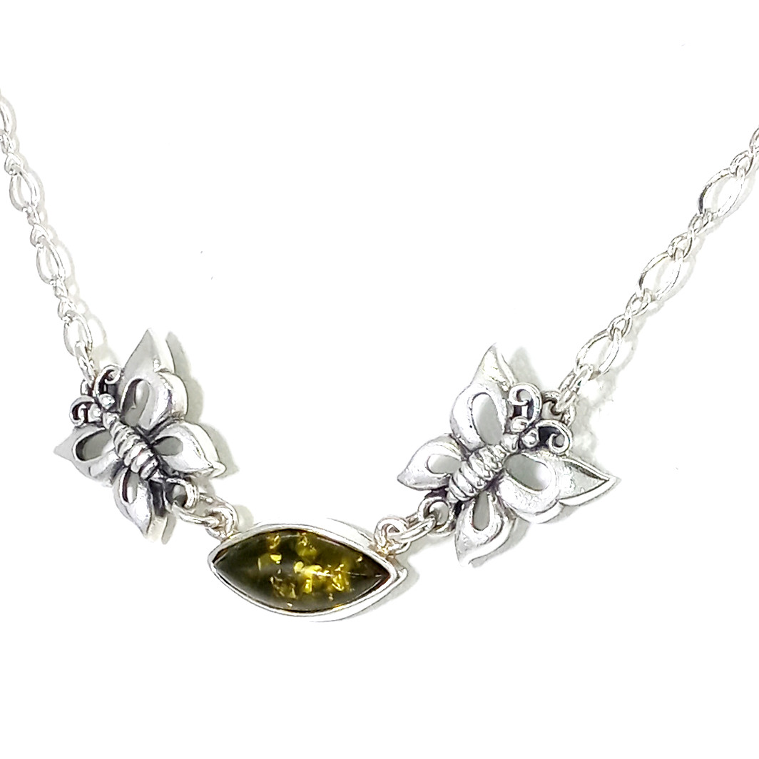 Vintage 925 Sterling Silver Dainty Green Baltic Amber Butterfly Necklace