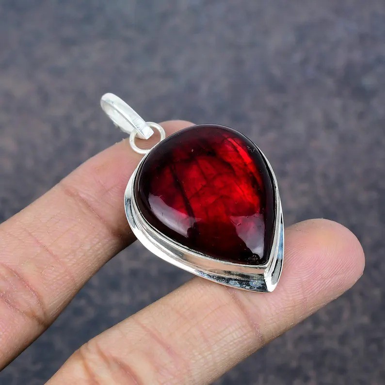 Red Labradorite Pear Gemstone Pendant 925 Sterling Silver Handmade Jewelry