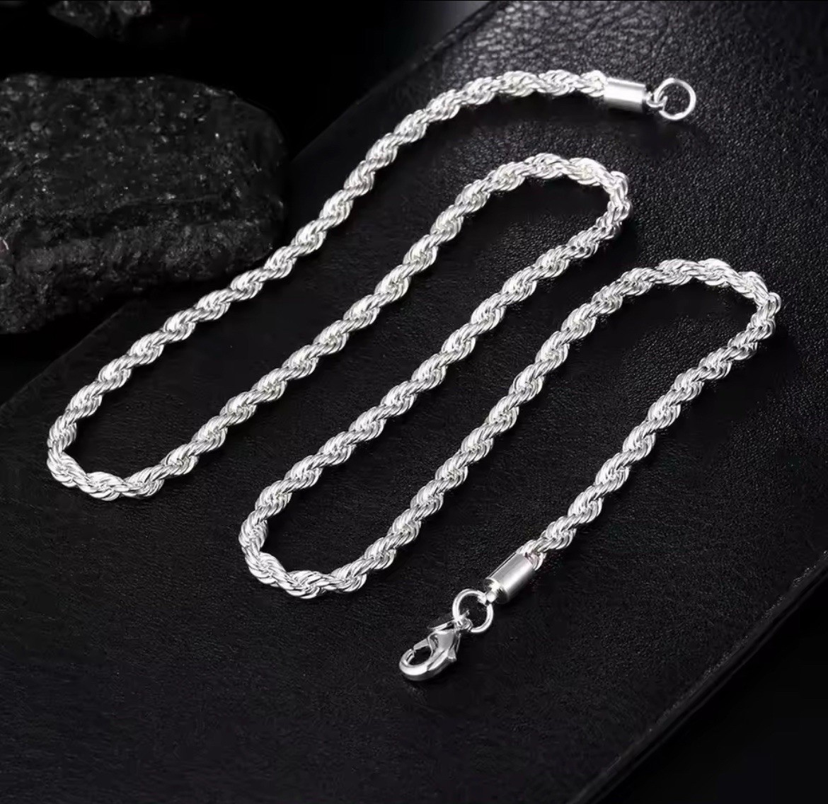 Mens Silver Rope Chain Necklace Stainless Steel Lobster Clasp 2–4mm Link