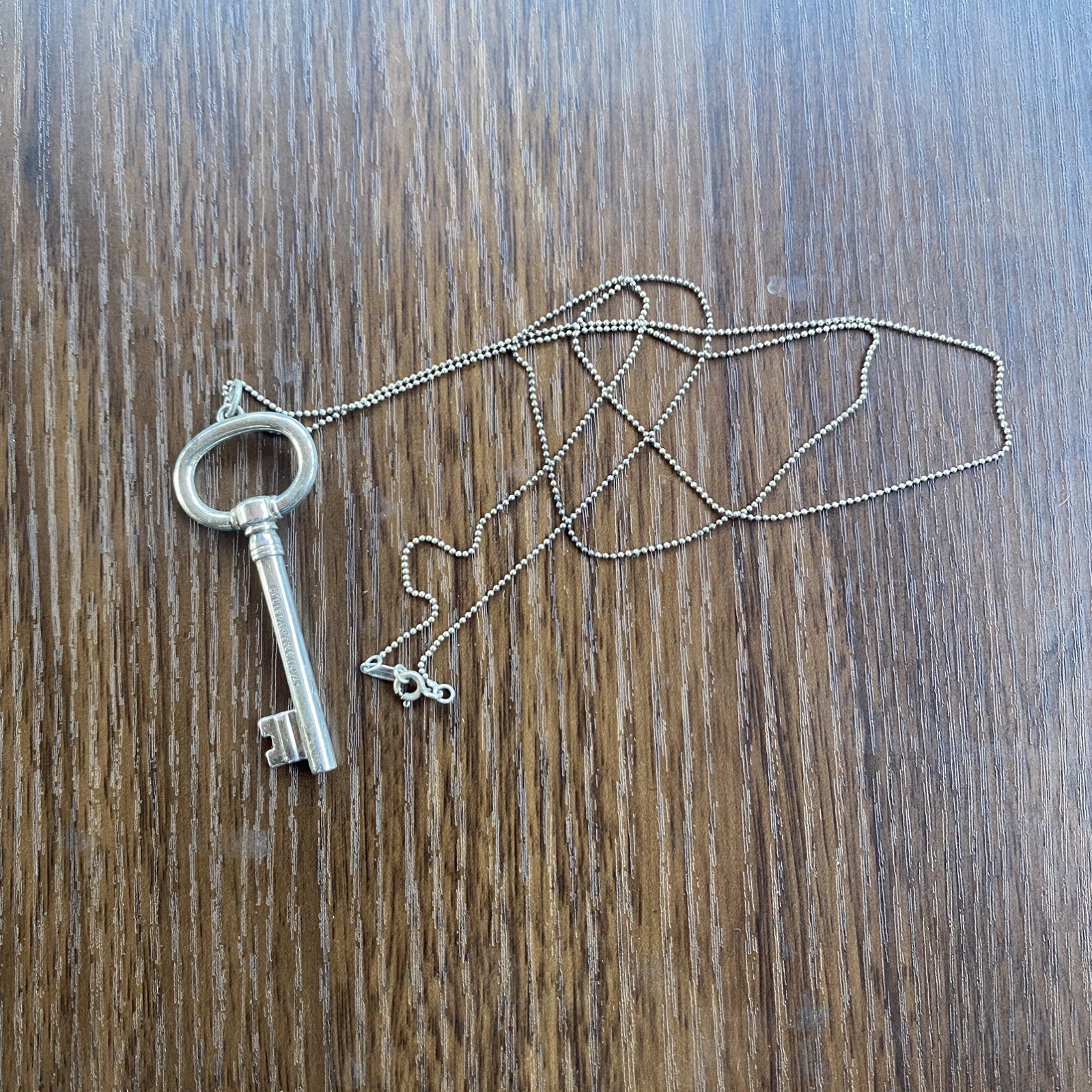 Tiffany & Co. Sterling Silver Large 2.5” Oval Key on 36” Beaded Chain