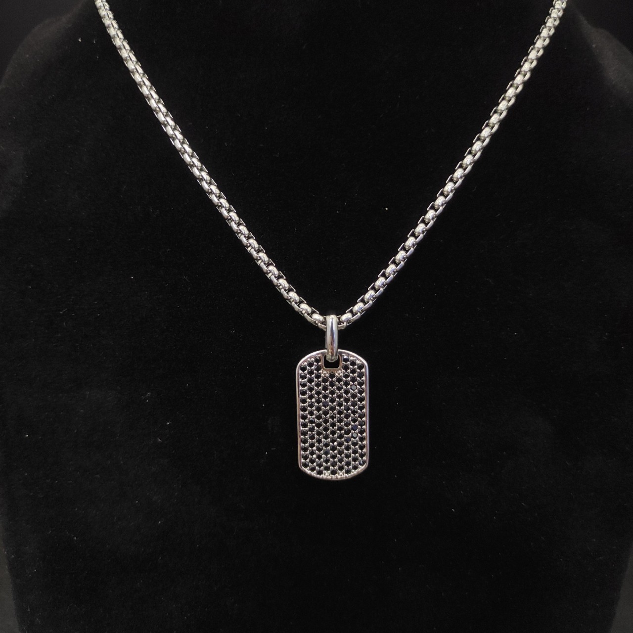 David Yurman 925 Silver Pavé Black Diamond Dog Tag Pendant Box Chain Necklace 55