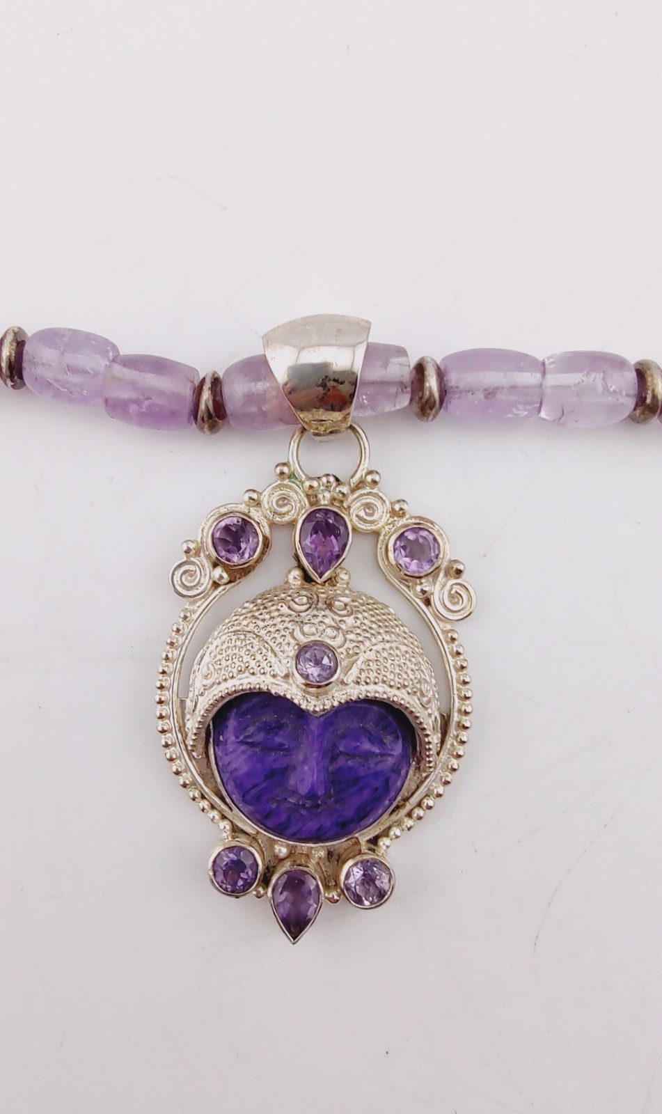 Charoite Amethyst Bead Sterl Silver Purple Goddess Gemstone Pendant Necklace 20″