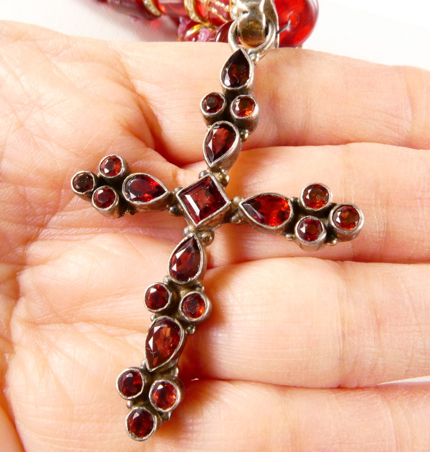 Sterling Silver Garnet Cross Pendant Necklace Red Glass Barrel Beads Crystals