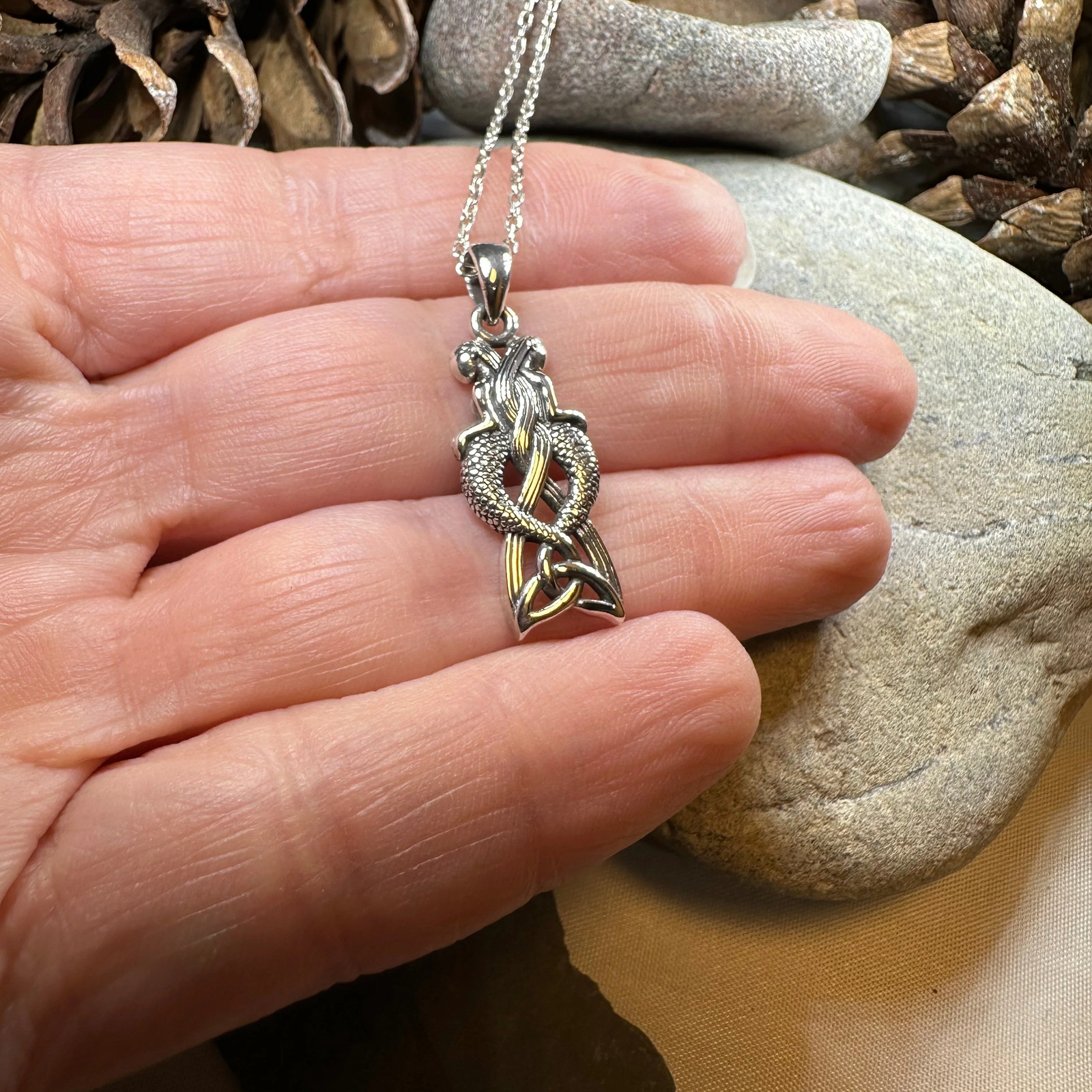 Celtic Mermaid Sisters Necklace Ladies Nautical Beach Pendant 925