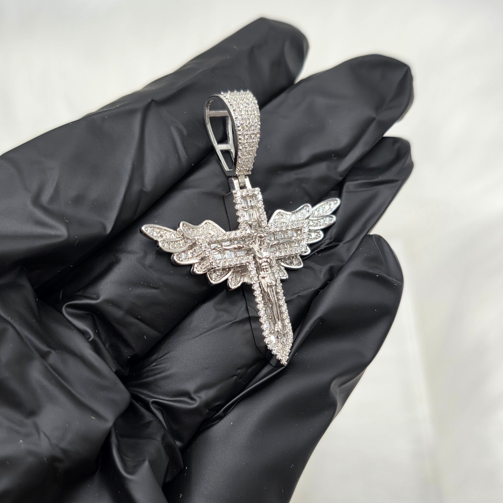 Moissanite Jesus Crucifix Cross Angel Wings Pendant 925 Sterling Silver Lrg Bail