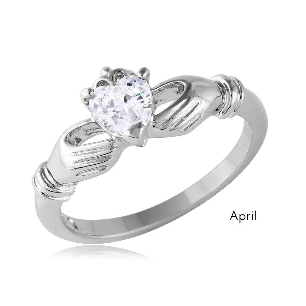.925 Sterling Silver Rhodium Plated CZ Center Birthstone Claddagh Ring