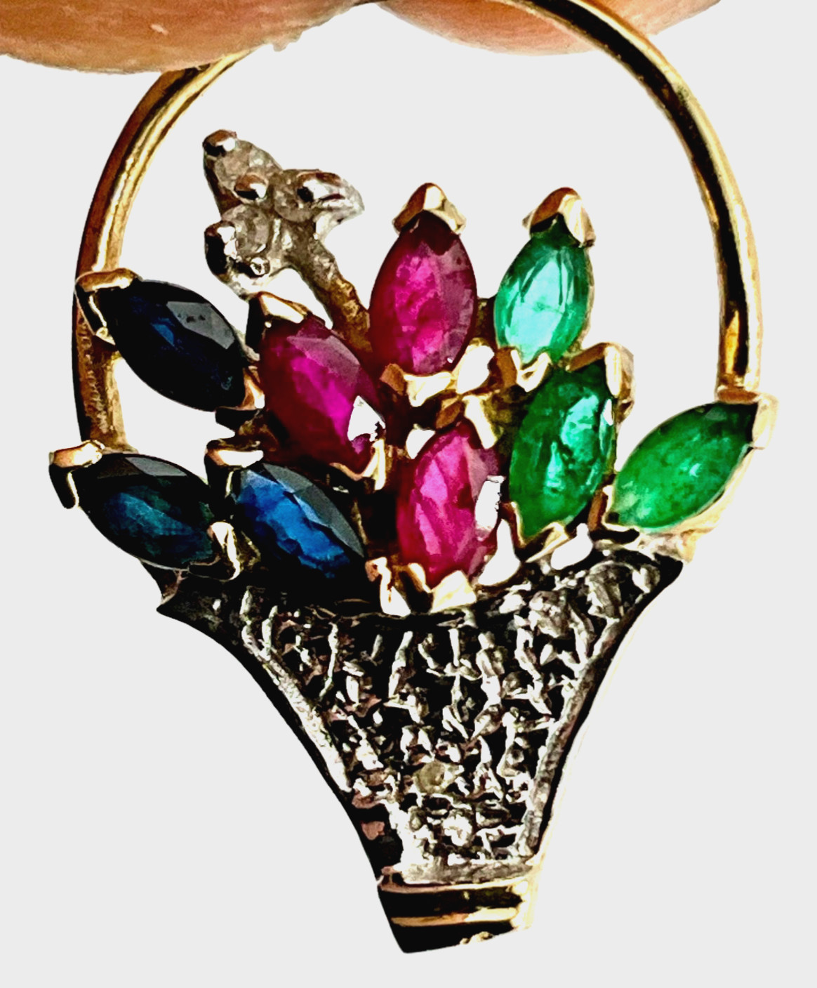 Vintage Minimalist 10k Gold Flower Basket Pendant Ruby Emerald Sapphire Diamond