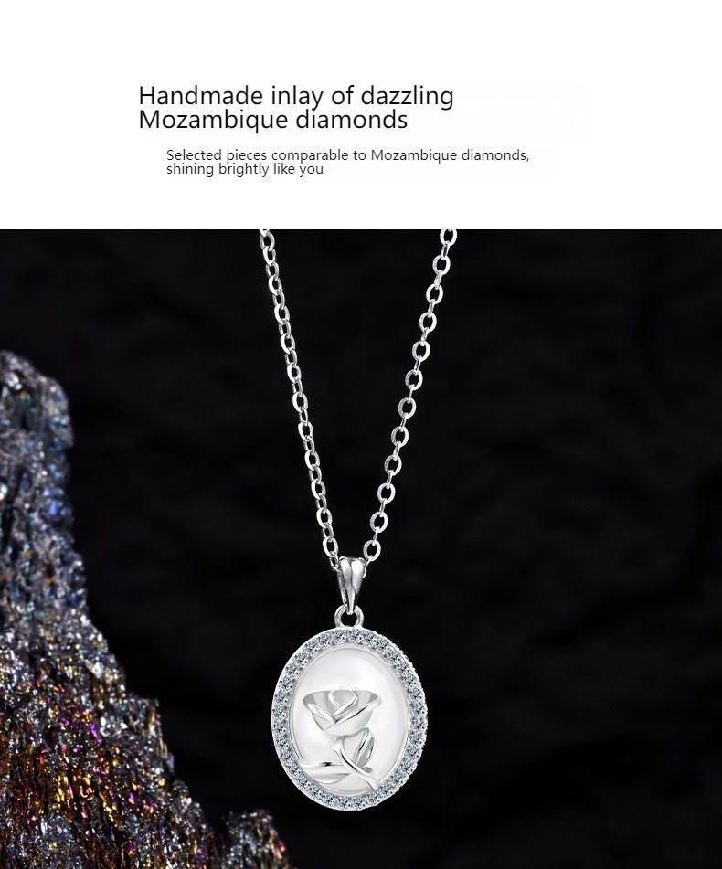 S925 Silver Oval Rose Pendant Necklace MOP Moissanite Korean Dainty Women Chain