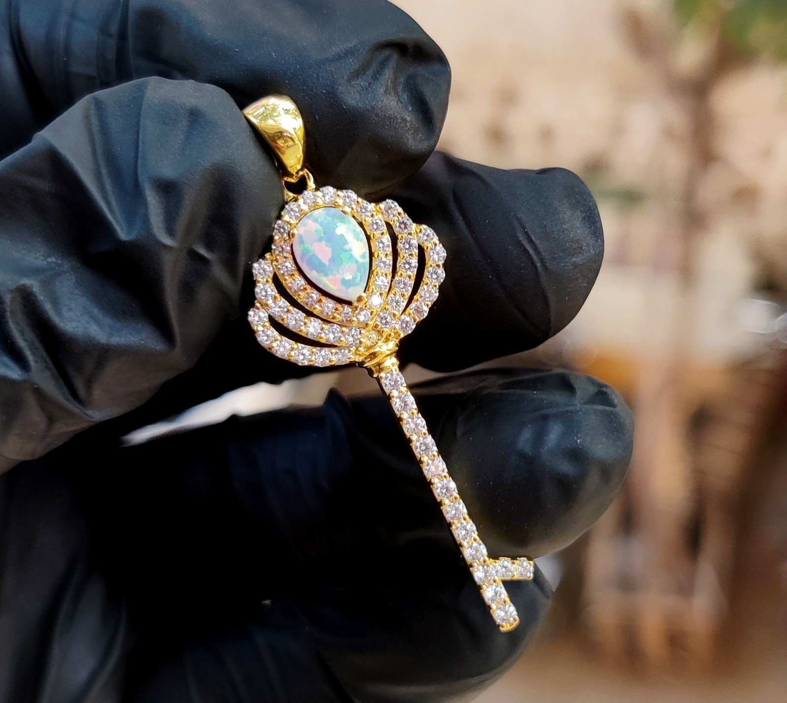 2Ct Pear Cut Lab Created Fire Opal Key Pendant 14K Yellow Gold Plated 925 Silver