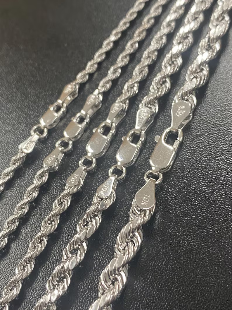 10K White Gold Rope Chain Necklace Diamond Cut Real Gold 2mm-5mm 16-28in Unisex