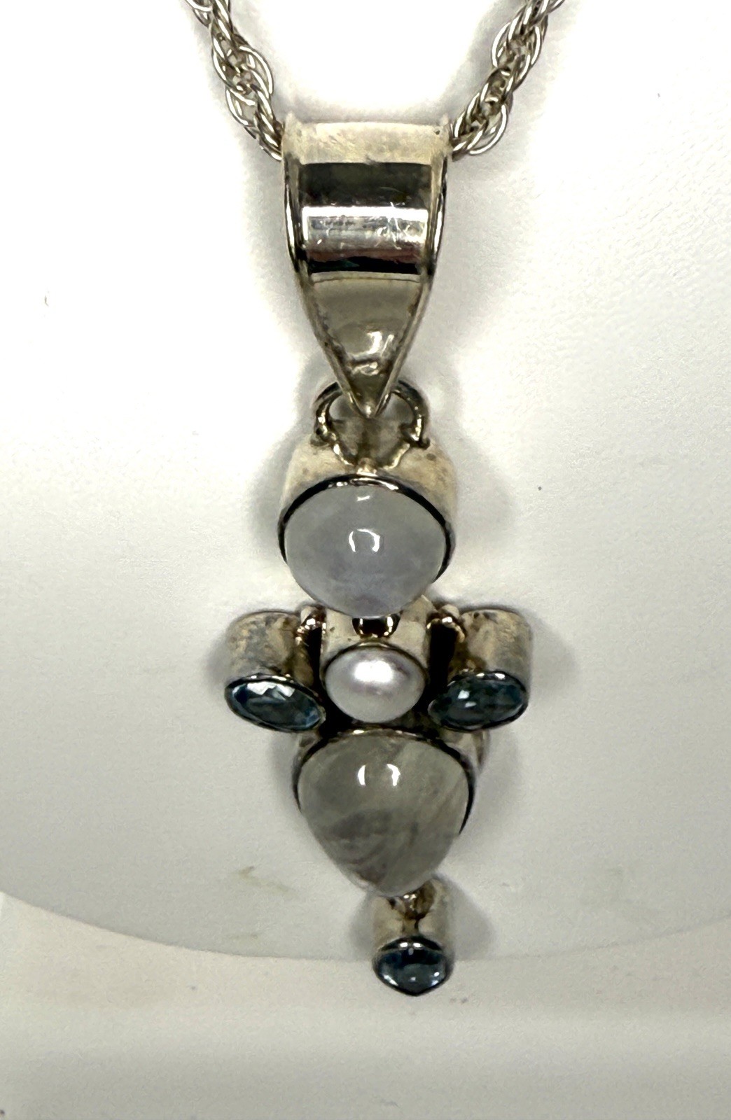925 Sterling Silver Necklace w/ Rainbow Moonstone, Blue Topaz, Pearl Pendant 36g