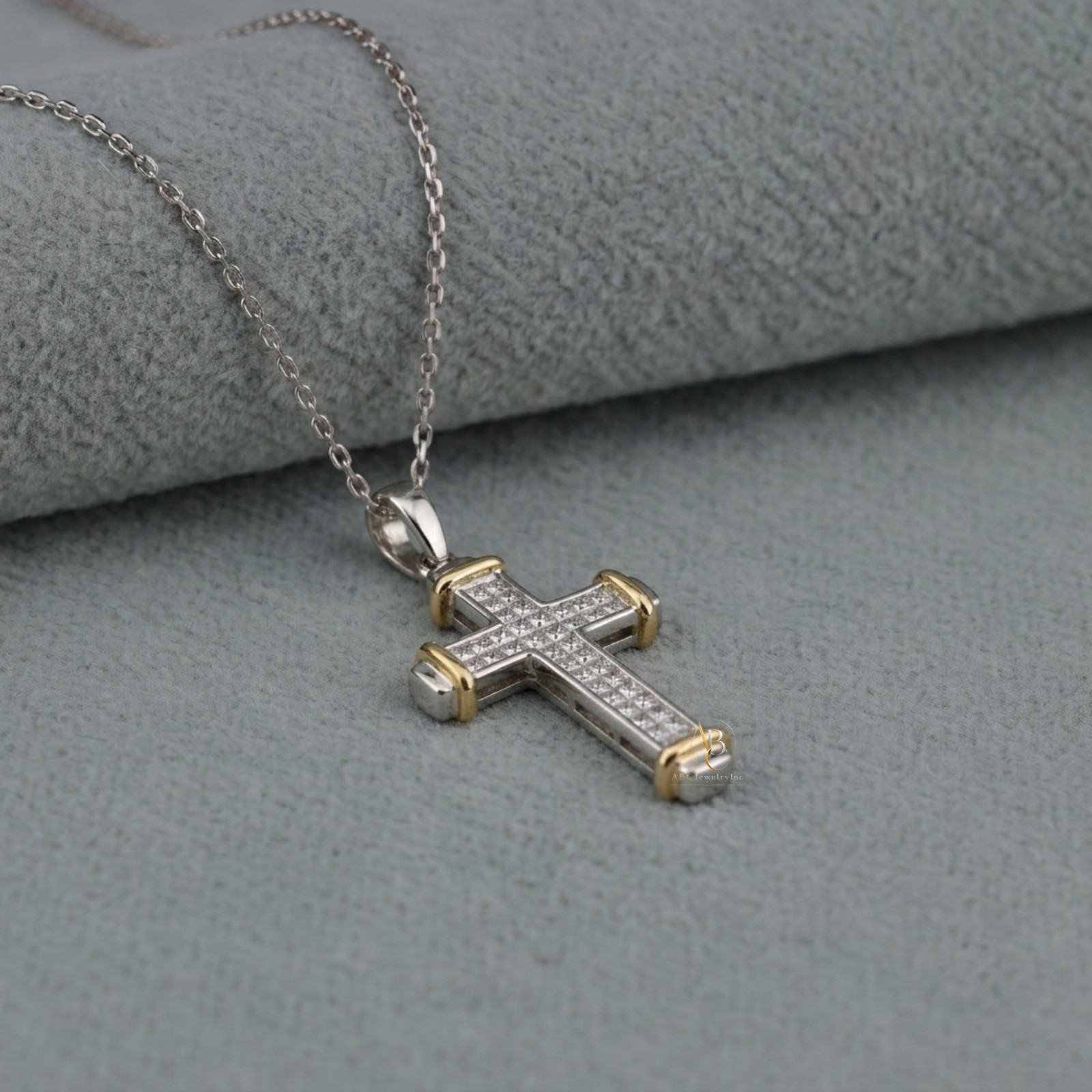 2.25 TCW Princess Cut Lab Grown Diamond 14K White Gold Gothic Cross Fine Pendant