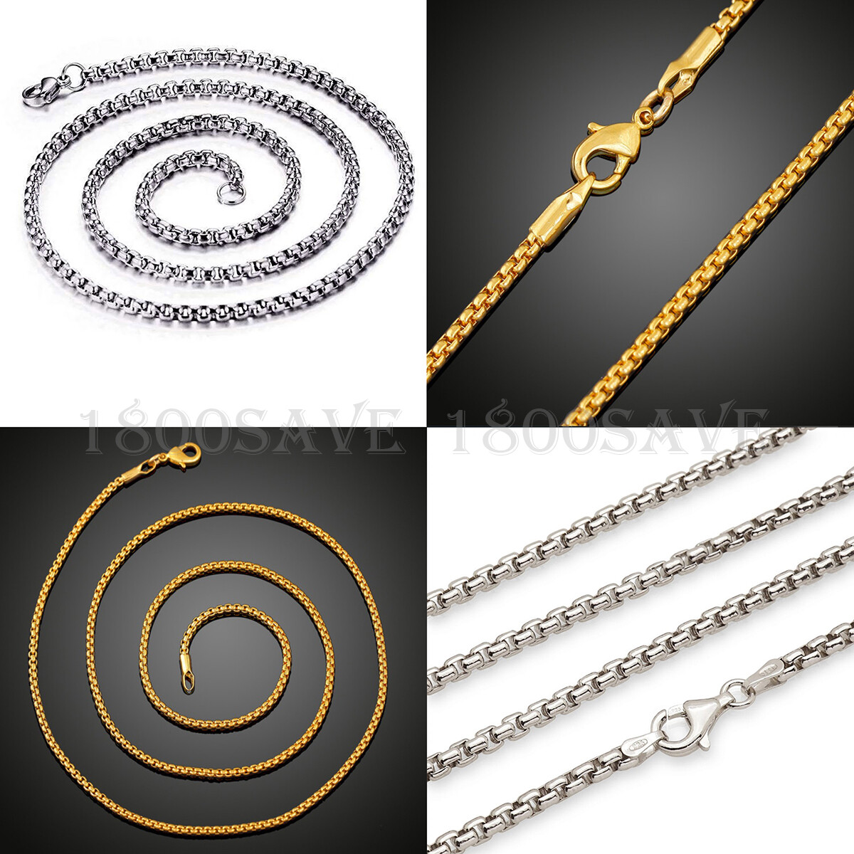 Real 18K Yellow/White Gold Filled Round Box Chain Necklace, Many length/width