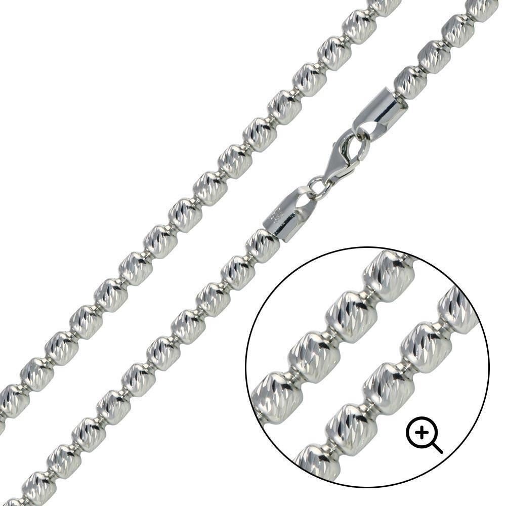 925 Silver 3mm White Half Moon Cut Oval Barrel Beaded Chain Necklace 18″-30″