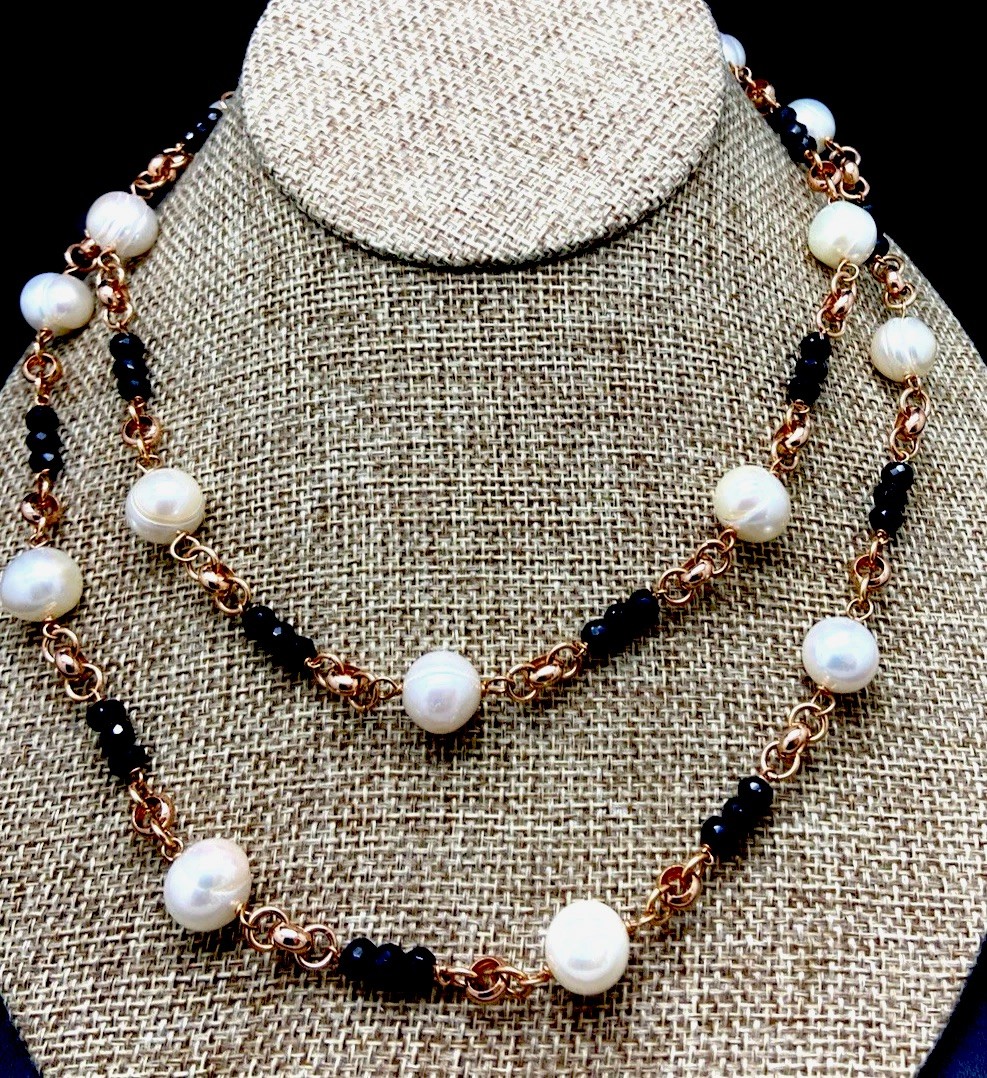 HONORA WHITE PEARL & BLACK BEAD NECKLACE BRONZE MILOR ITALY NEW IN BOX