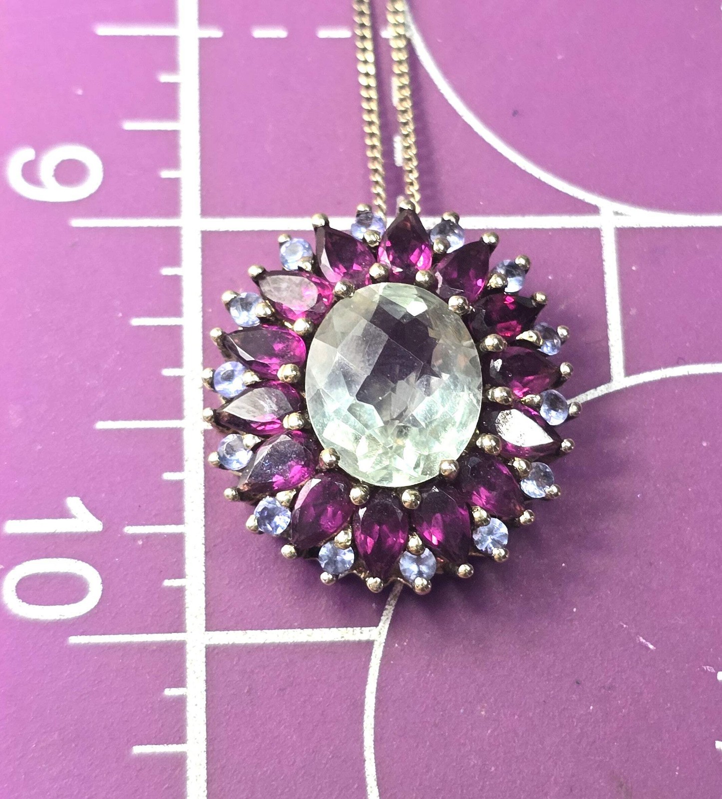 Prasiolite Green Amethyst Rhodolite Garnet tanzanite sterling silver necklace