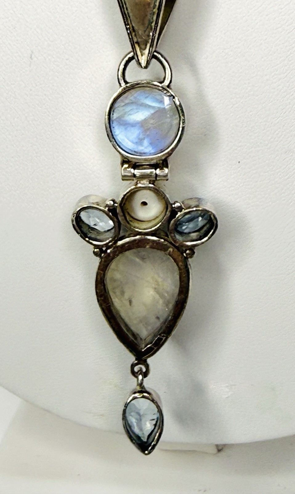 925 Sterling Silver Necklace w/ Rainbow Moonstone, Blue Topaz, Pearl Pendant 36g