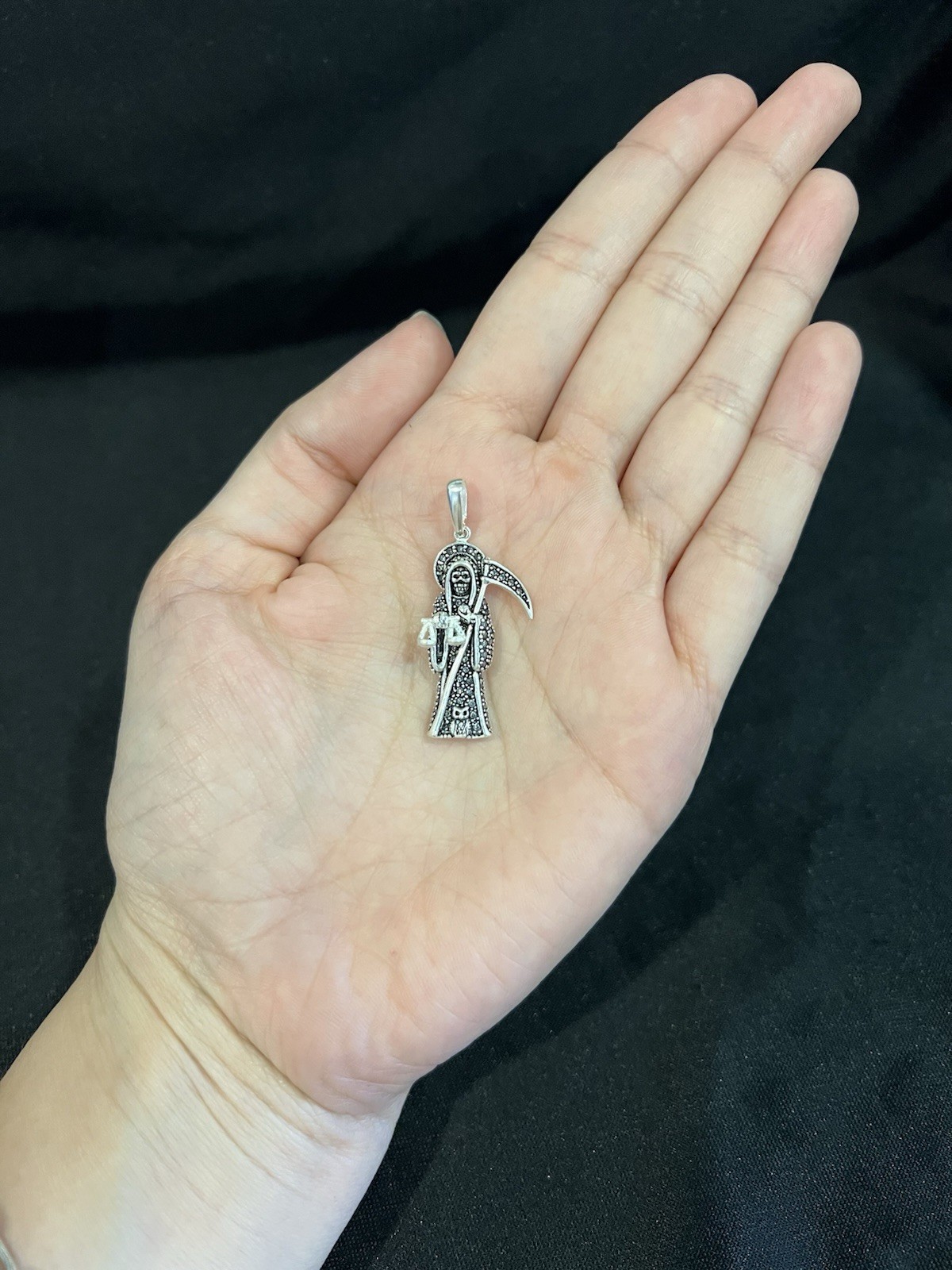 925 Sterling Silver Mens Womens Small Stones Santa Muerte Grim Reaper Pendant