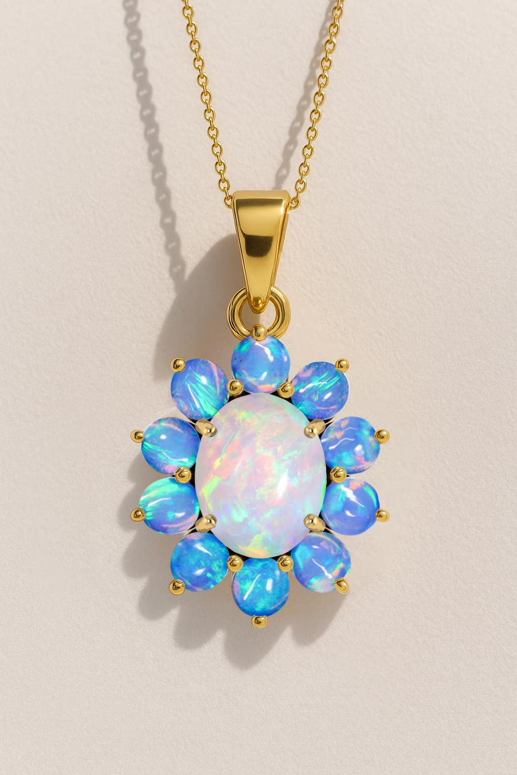 Fire White and Blue Opal Gemstone Charm Pendant Necklace, Natural Opal Gemstone