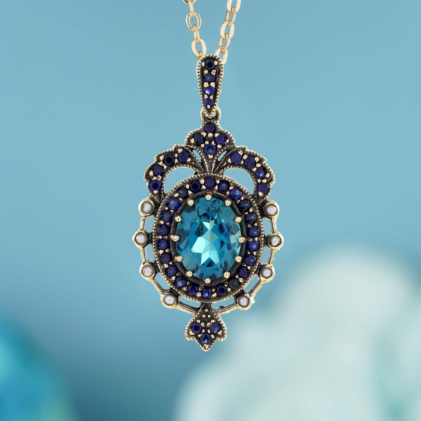9K Gold Blue Topaz Sapphire Pearl Crown Pendant Vintage Style Pendant Necklace