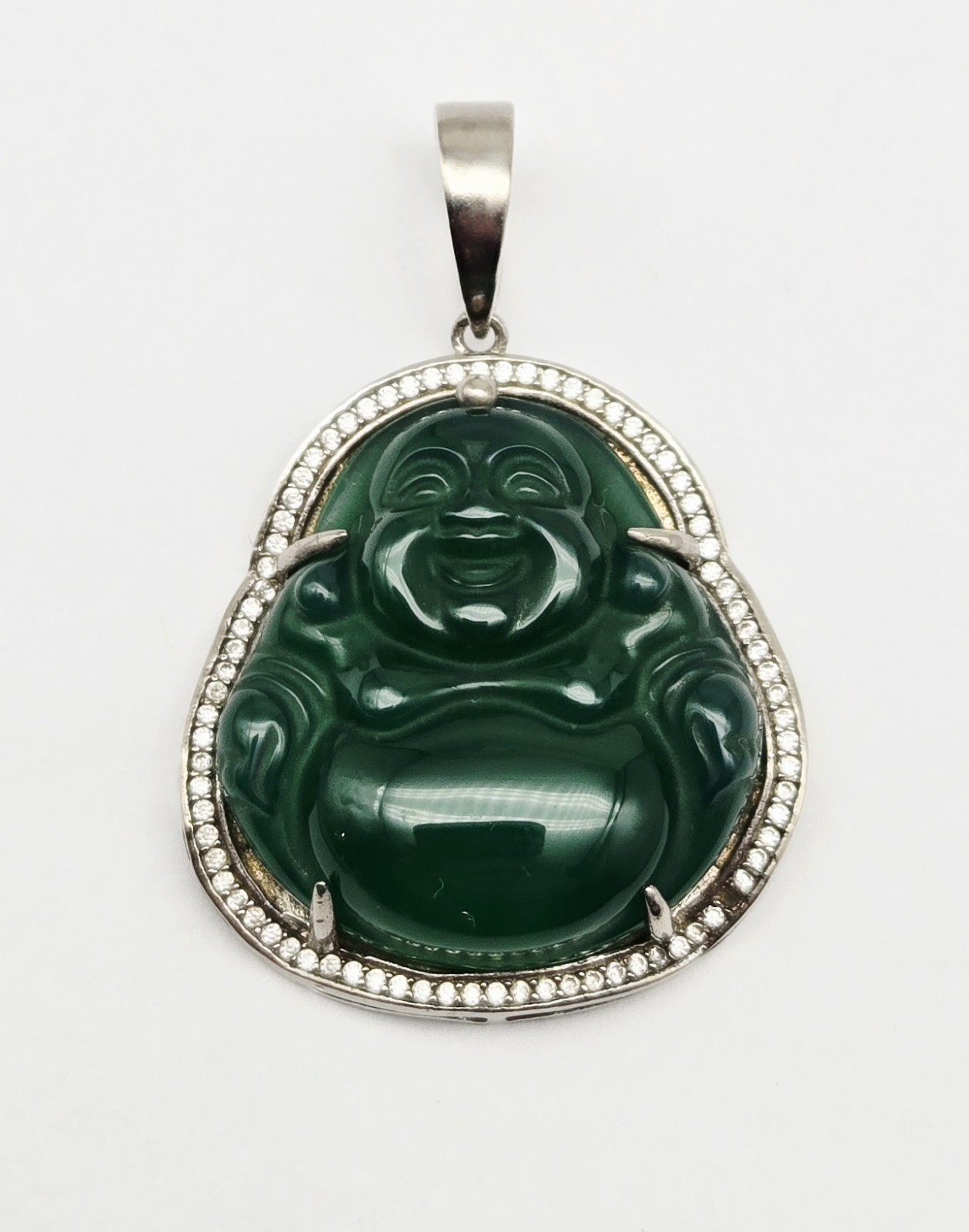 Sterling Silver Carved Green Jade Buddha Pendant 10.8g – DM 925 Hallmark CZ Halo