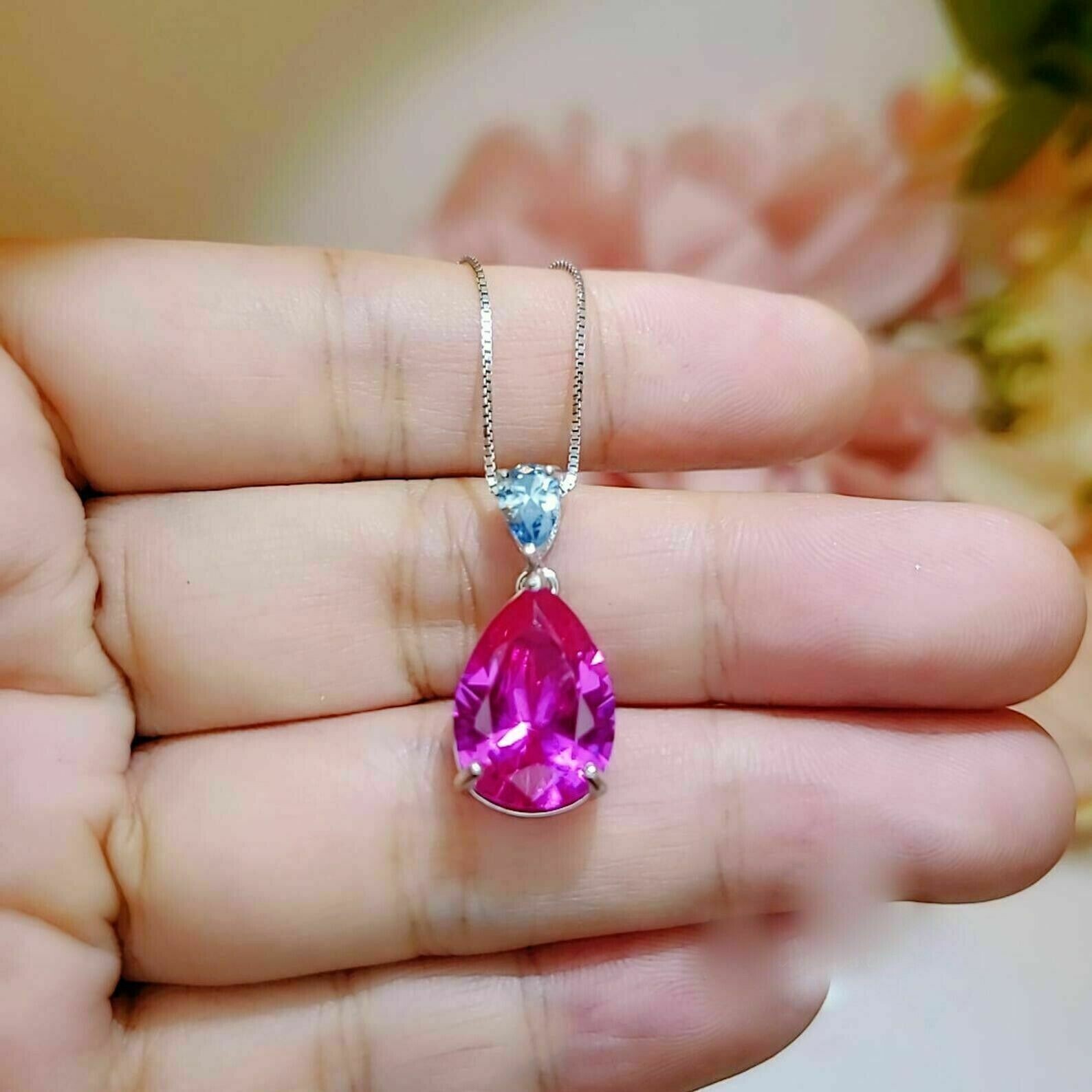 2.10Ct Pear Cut Pink Sapphire Teardrop Pendant 14K White Gold Plated Free Chain