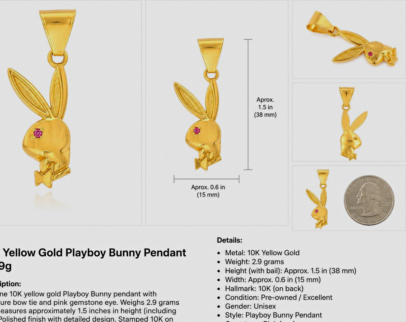 Play Bunny 10K Yellow Gold Bunny Charm Pendant – Red Ruby