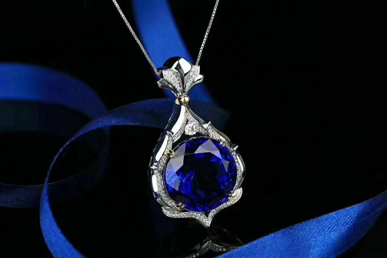 3Ct Round Cut Blue Sapphire Solitaire Pendent White Gold Finish 18” Free Chain