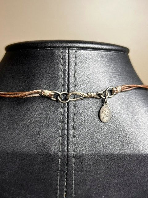 B5730 SATYA vintage patina Layered Necklace Metal Beads Brown Cord 16″