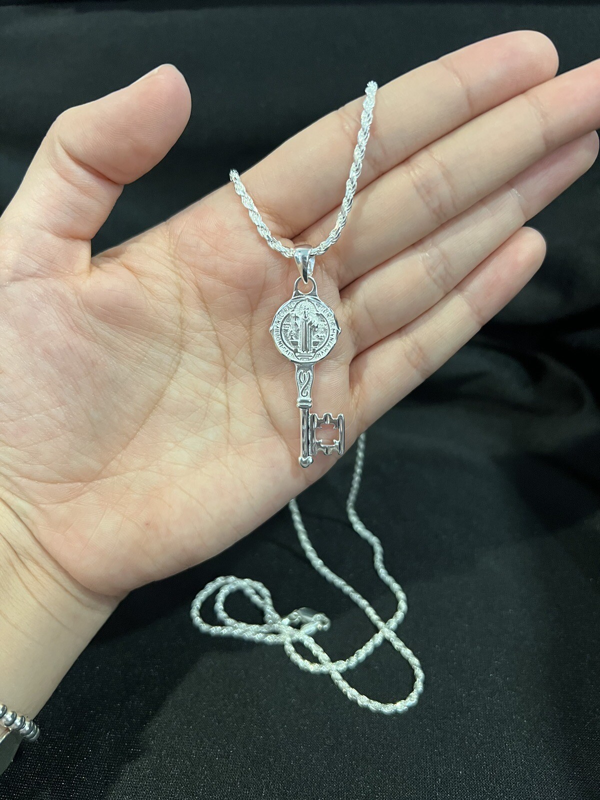 925 Sterling Silver Mens St Benedict Key San Benito Llave & Rope Chain 20 24 30