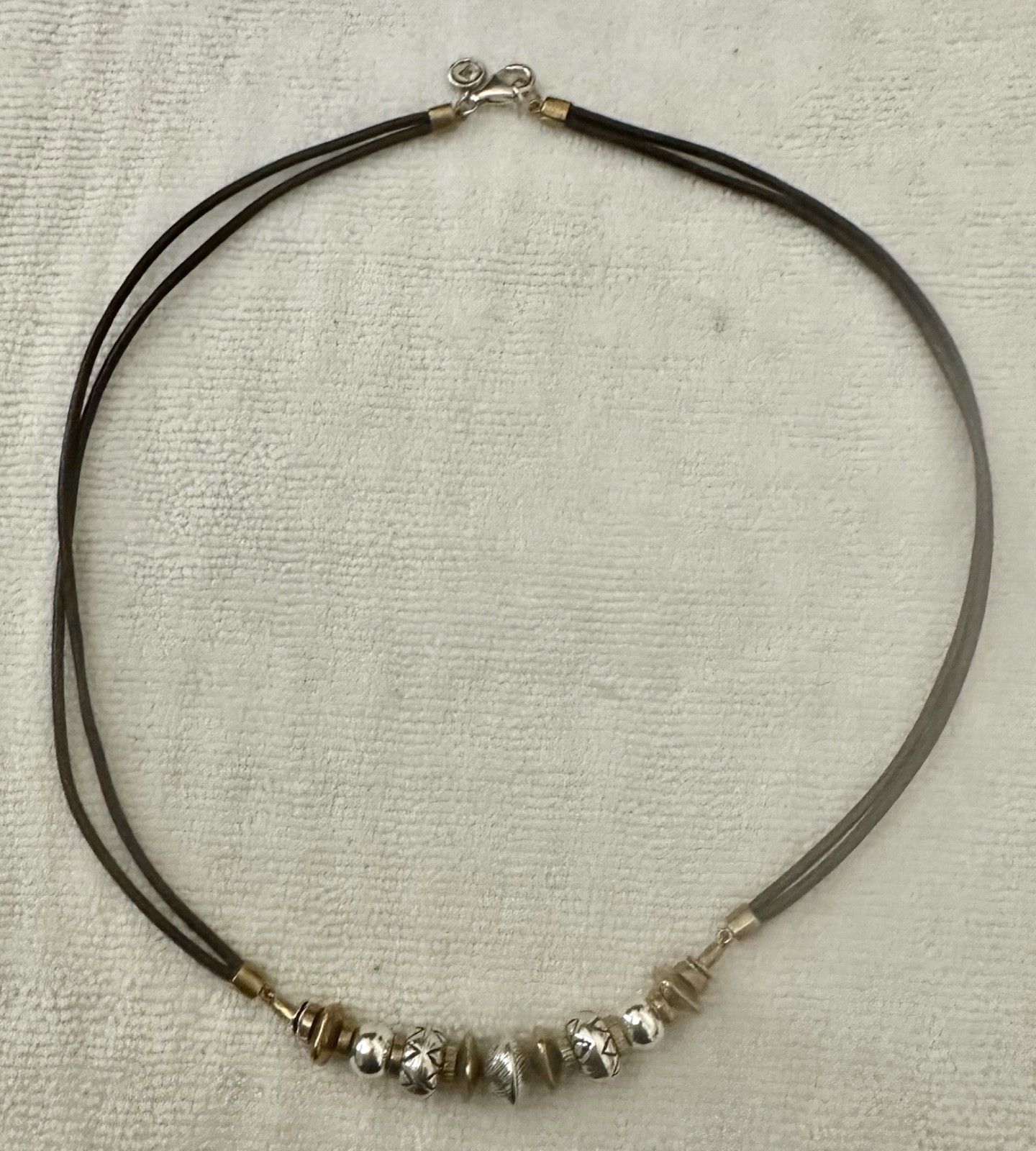 SILPADA Cluster BEADS Gold SILVER Brown LEATHER Cord .925 Sterling Necklace