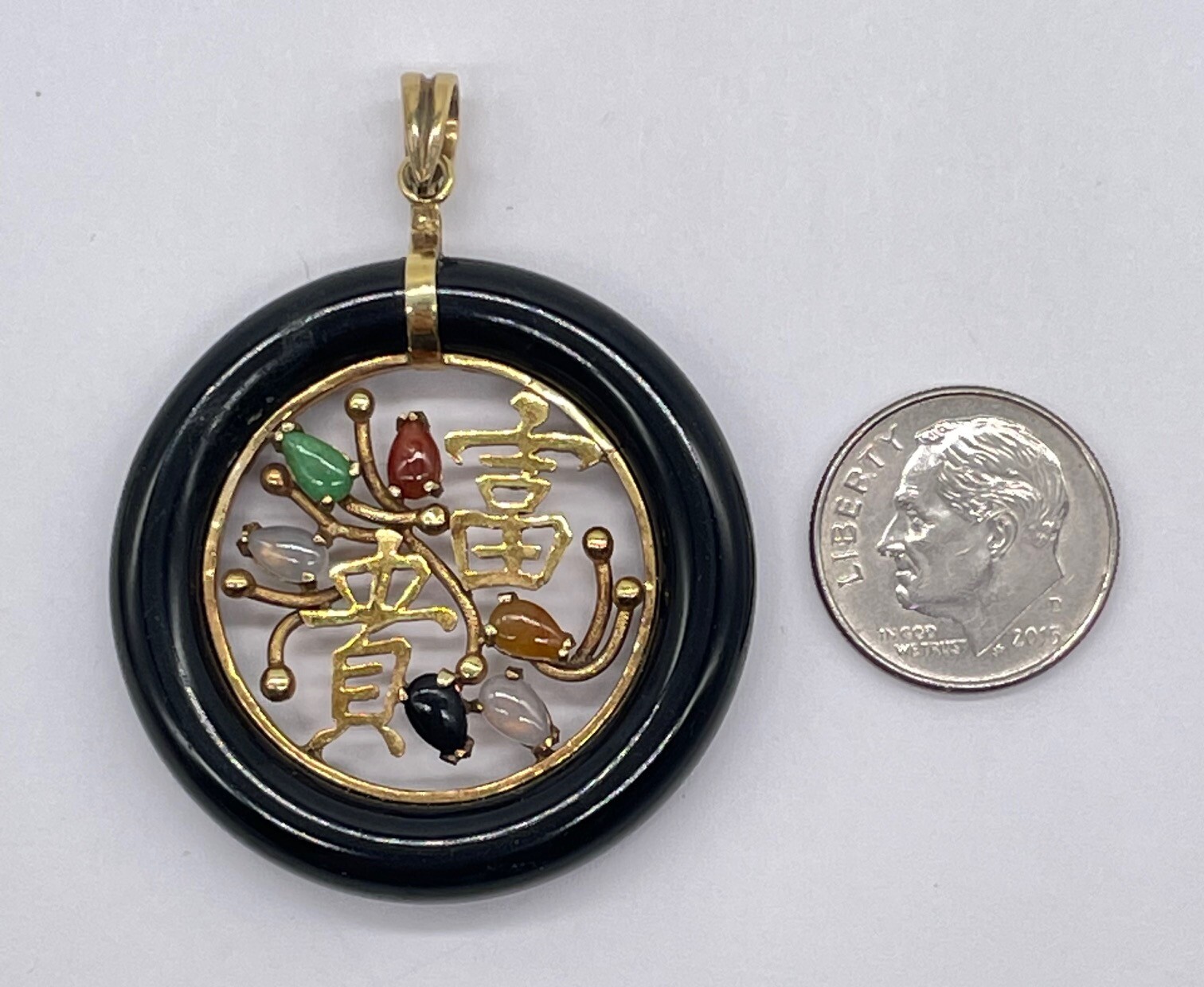 14k Yellow Gold Black JADE Circle / Multicolor JADE Pendant–1-1/2″ Diameter