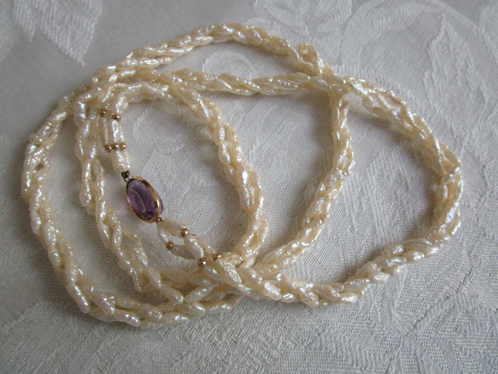 Vintage 14K Yellow Gold Amethyst Pearl Necklace 30″ L Excellent