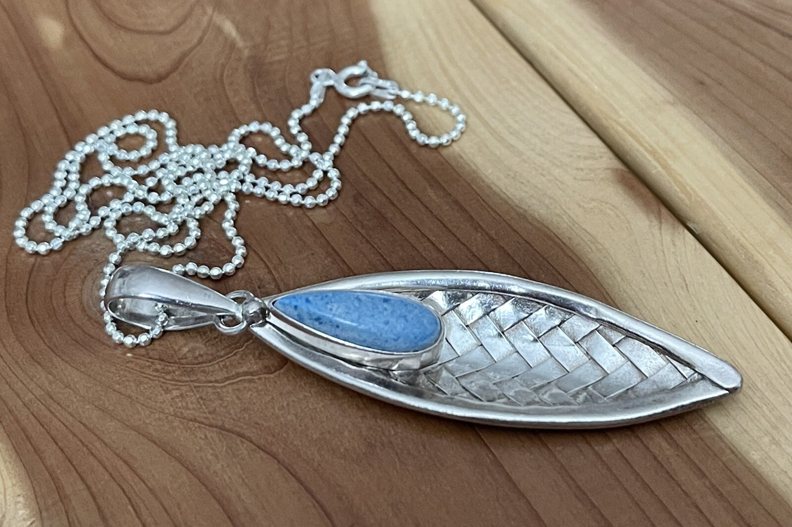 Vintage Sajen 925 Sterling Denim Lapis Woven Basket Design Pendant Necklace 20”