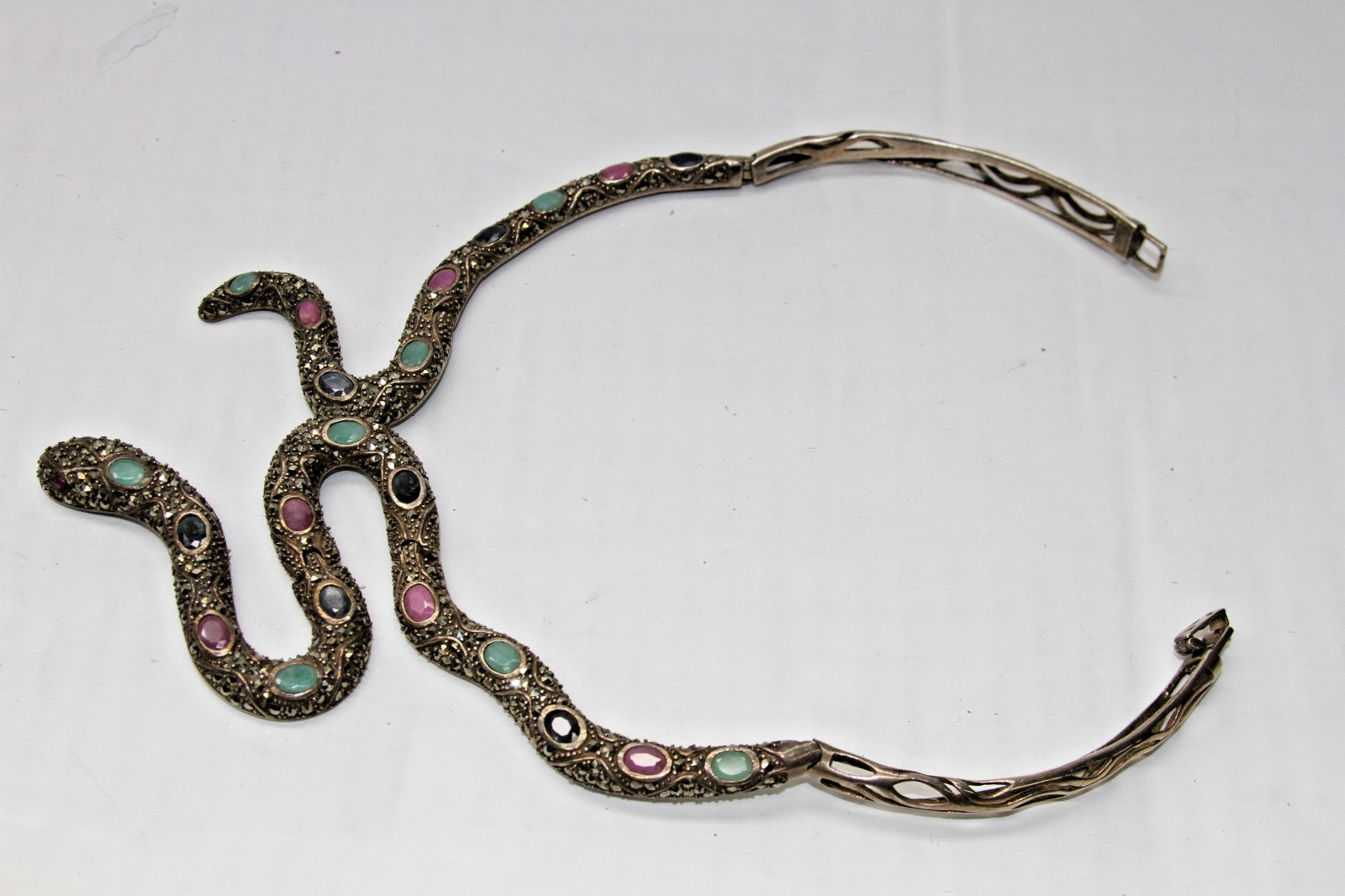 Ruby, Emerald, Sapphire, Marcasite Snake Necklace 925 Sterling Silver 77g