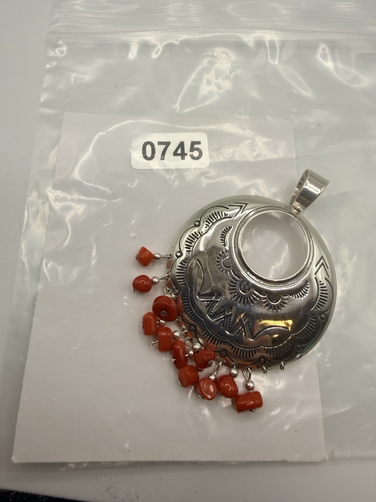 Southwestern Sterling Silver Pendant Quoc QT 925 Red Coral Nugget Dangle Etched