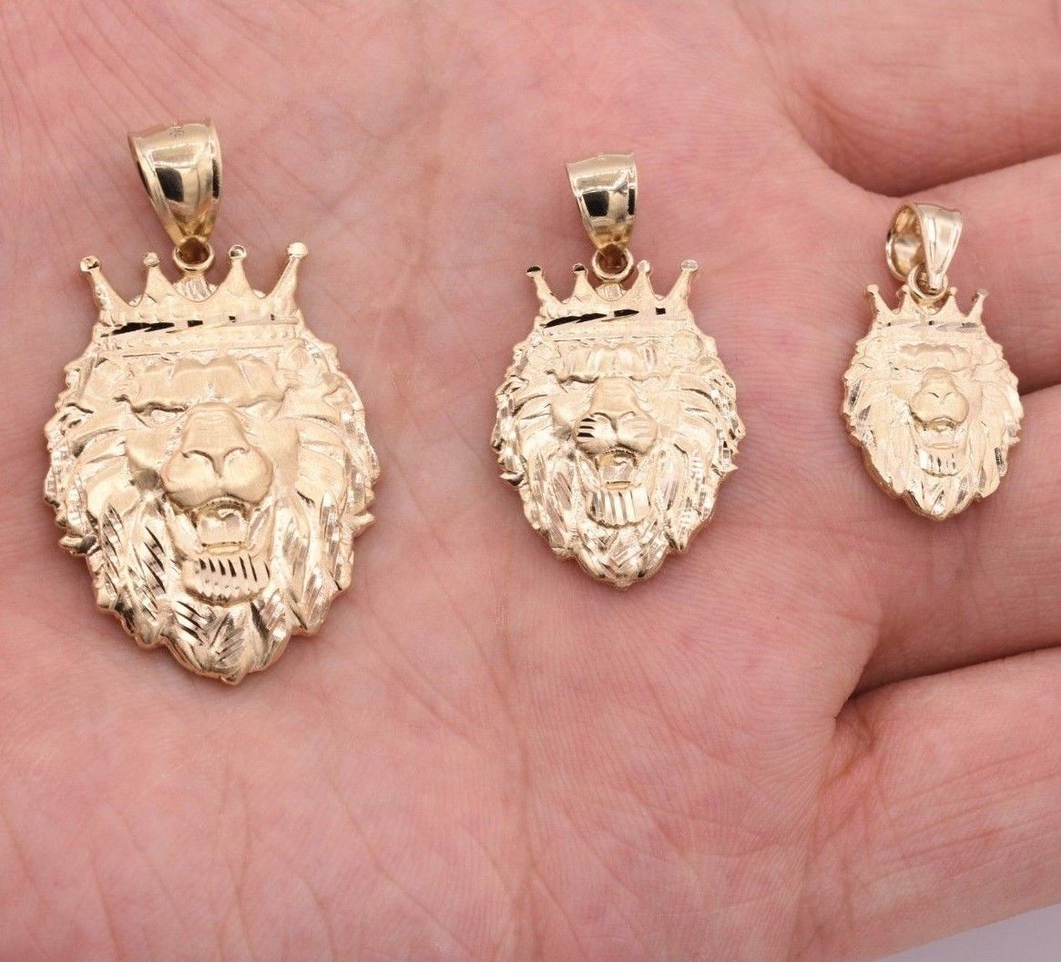 Men’s Diamond Cut Lion Head Charm Pendant Real Solid 10K Yellow Gold ALL SIZES