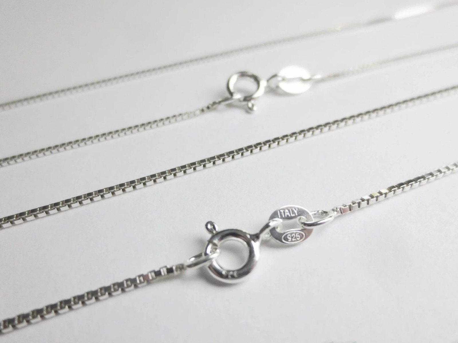 925 Sterling Silver Diamond Cut Box Chain Necklace 0.65 0.75 1mm Spring Clasp